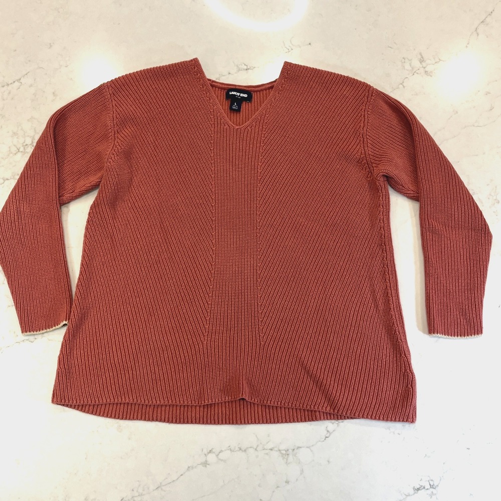 Lands End Pullover Sweater Salmon Pink Womens Large 100% Cotton V Neck Classic